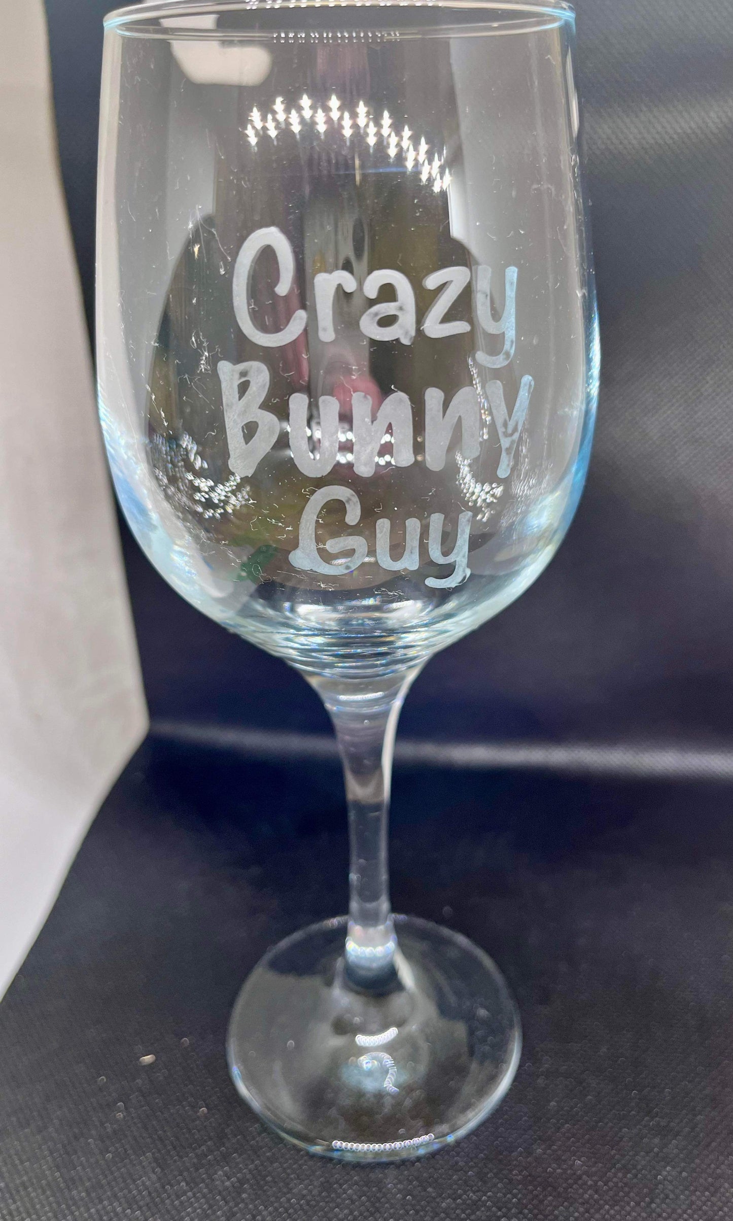 Glass wine glass with bunny text