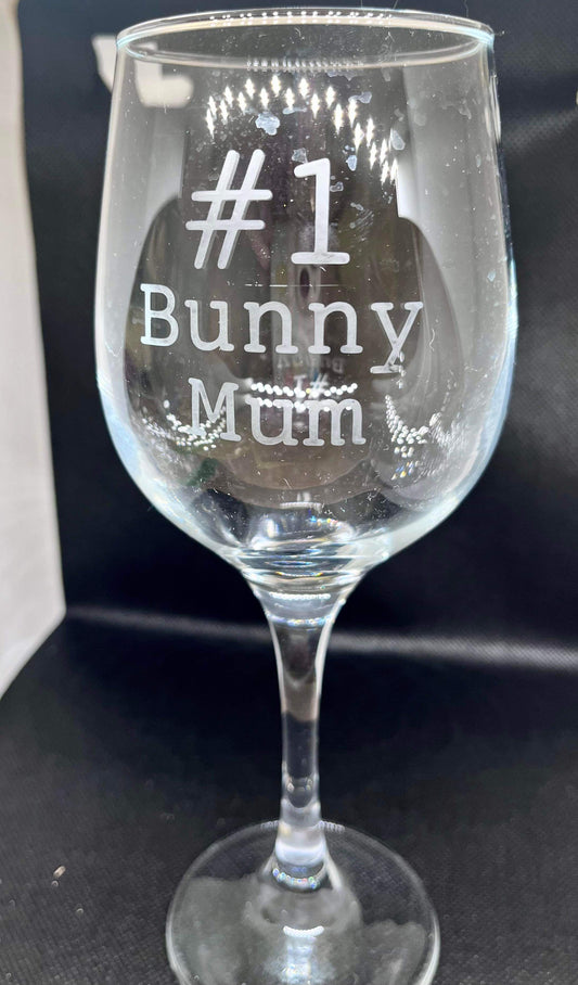 Glass wine glass with bunny text