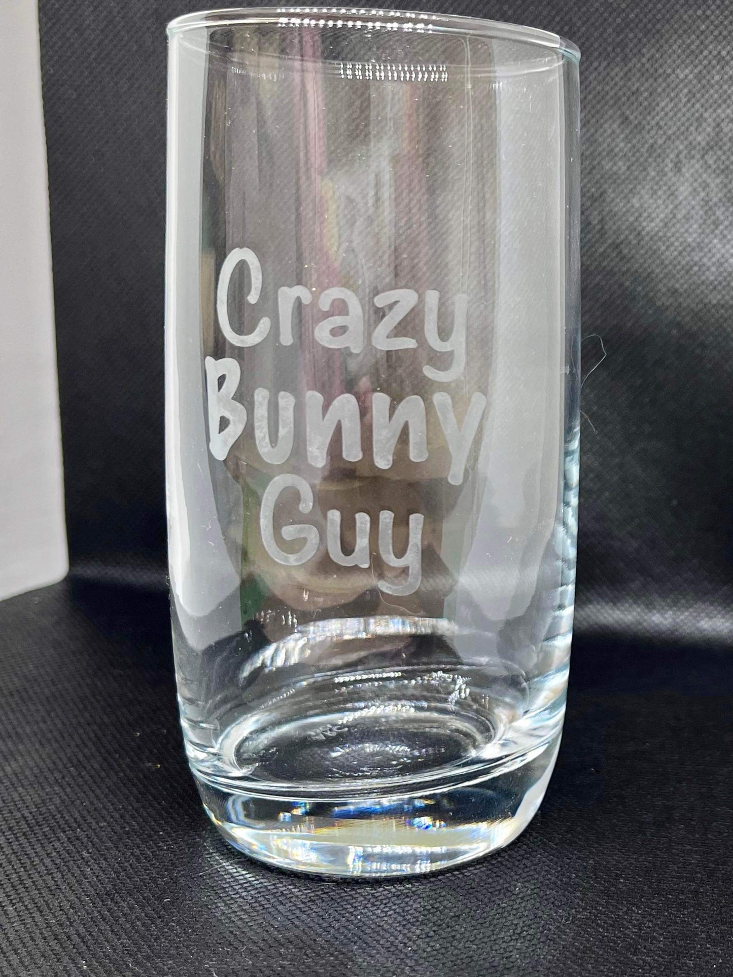 Glass tumbler with bunny text