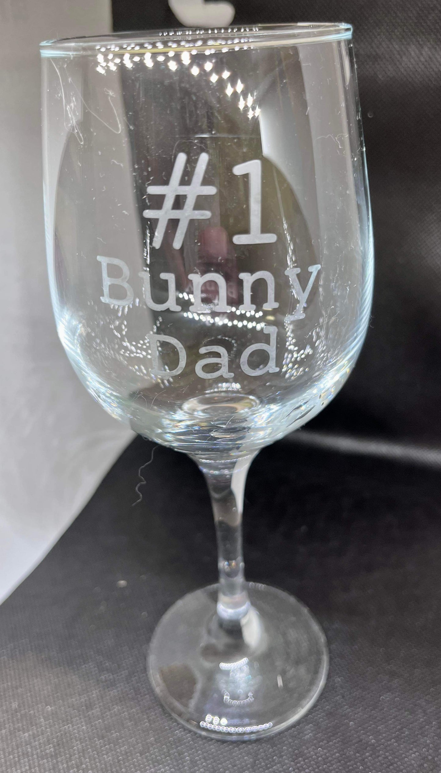 Glass wine glass with bunny text