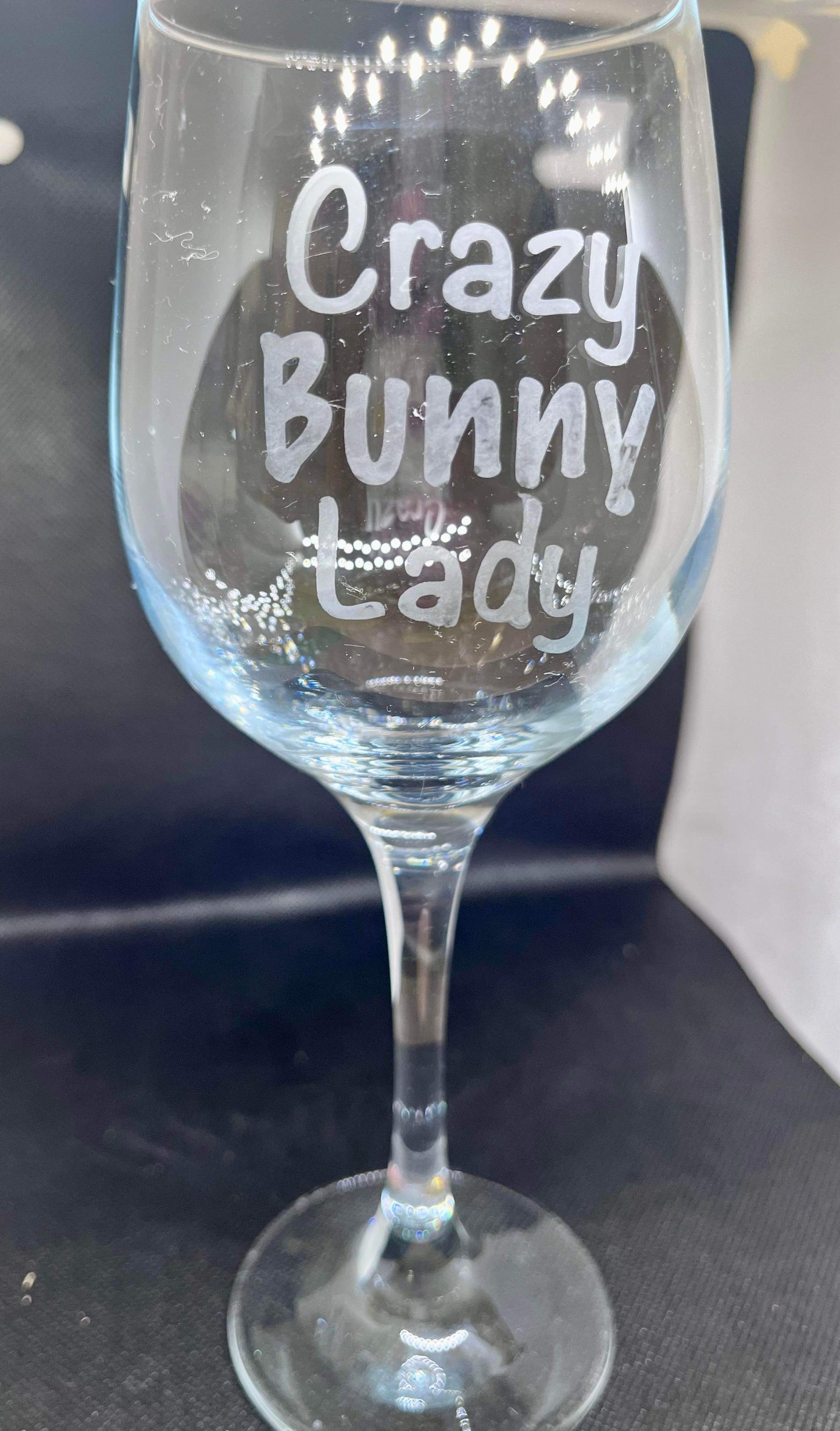 Glass wine glass with bunny text