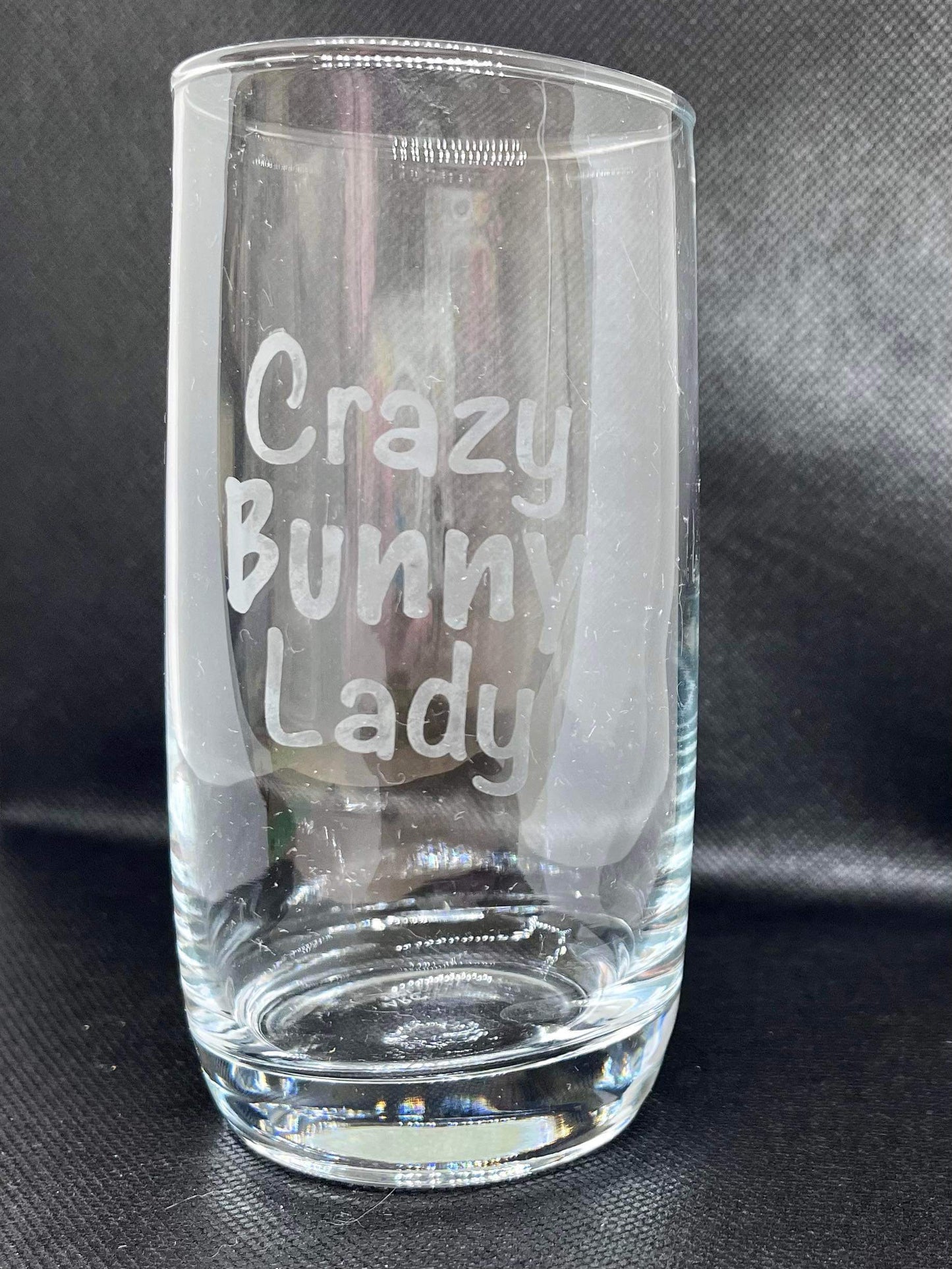 Glass tumbler with bunny text