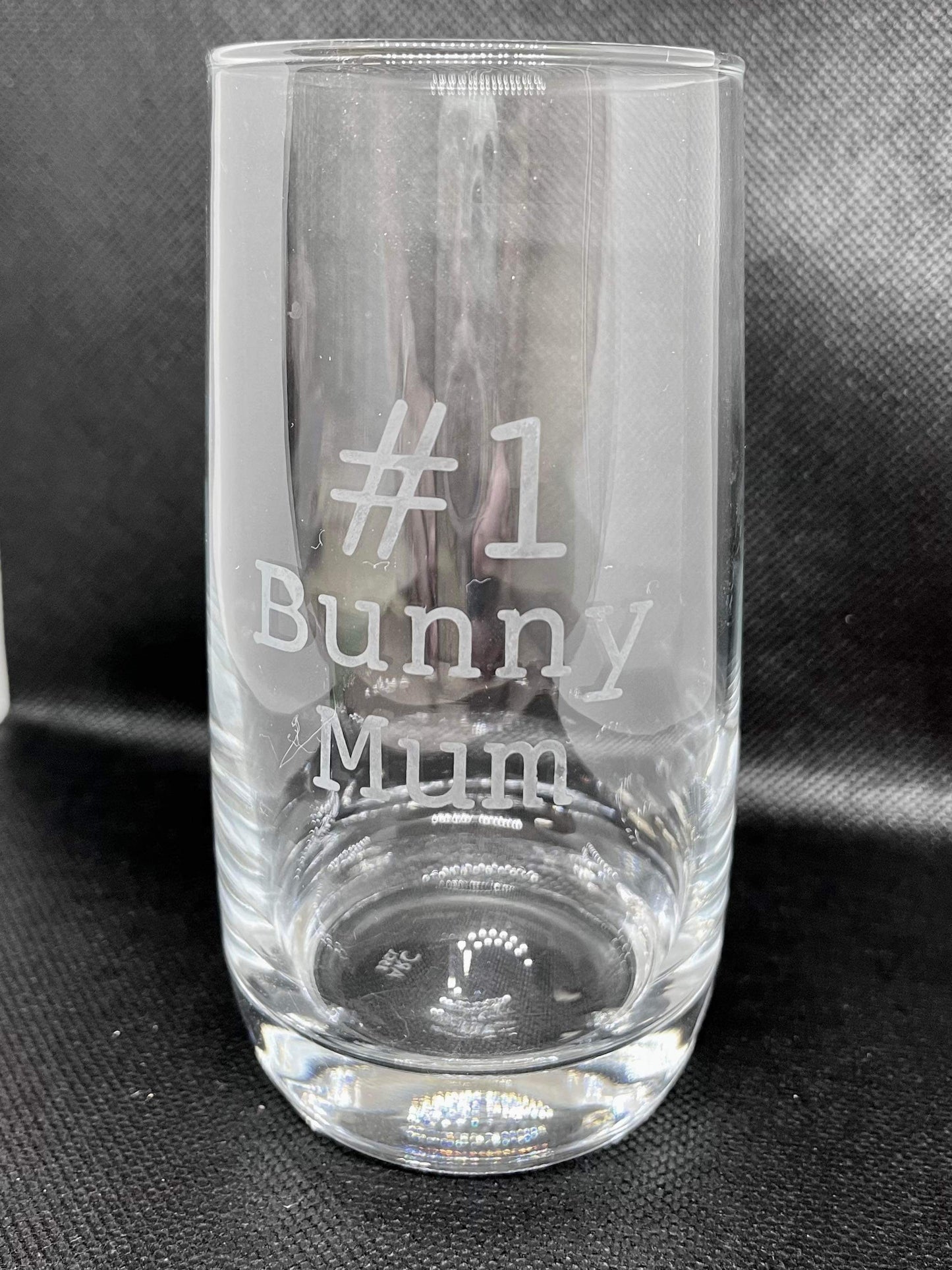 Glass tumbler with bunny text